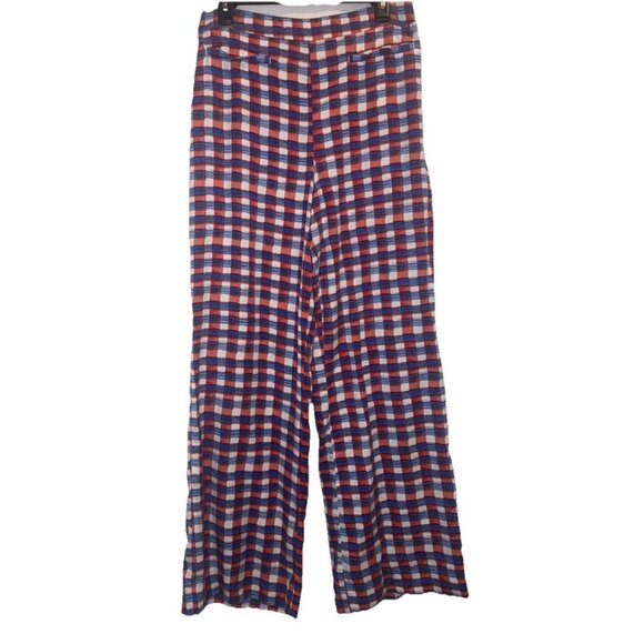 Anthropologie Maeve Check Plaid Escape Printed Wide Leg Pants Red Blue White 12 - Picture 1 of 11